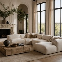 Canapé modulaire de luxe à assise profonde, coussins en mélange de plumes et lin belge, ensemble de salon moderne surdimensionné pour villa et hôtel