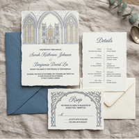 Suite d'invitations de mariage haut de gamme, style manuscrit vintage, en papier calligraphique, avec estampage à la presse et dorure à chaud, pour propriétés historiques, en petite série
