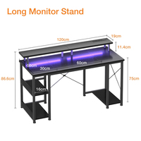 Bureau de jeu avec éclairage LED, bureau d'ordinateur avec support pour écran et étagères de rangement, support pour processeur, bureau à domicile, noir