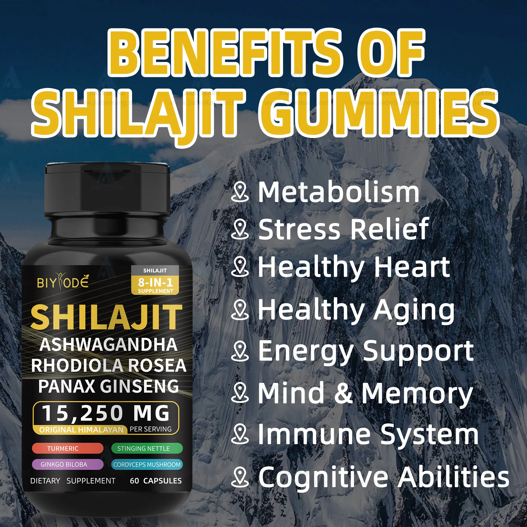 Nouvelle formule prête efficace pour stimuler l'énergie shilajit himalayen pur + ashwagandha + ginseng 15250mg 8 en 1 capsules de shilajit