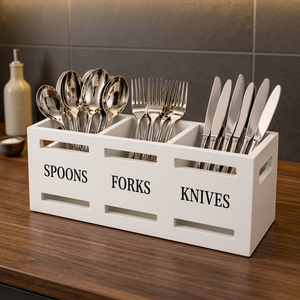 Porte-couverts en bois blanc à 3 compartiments, organiseur de couverts, support de rangement pour ustensiles de cuisine sur comptoir - Product Image 4