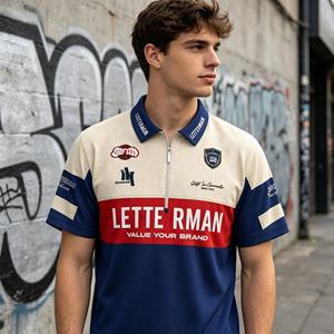 Polo demi-zippé OEM ODM en gros, personnalisé avec logo en caoutchouc imprimé, colorblock, chemise de sport tendance pour club, course, usage quotidien et décontracté - Product Image 2