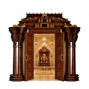 Puerta de la Sala de Pooja con Arco Gopuram del Sur de la India, Puerta de la Sala de Pooja Hecha a Mano en Madera de Teca, Puerta de Entrada a la Sala de Pooja con Tallado de Loto en Madera de Teca, Reino Unido - Product Image 1