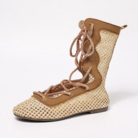Bottes plates décontractées pour femmes, style gladiateur romain, à bout rond, talon bas, à lacets, avec manchette tricotée à la cheville, chaussures d'été pour la plage