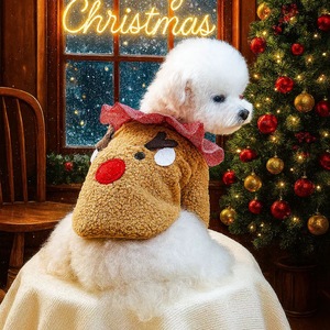 Artículos para Mascotas, Nueva Colección Otoño Invierno <span class=keywords><strong>2026</strong></span>, Ropa para Mascotas, Abrigo de Felpa con Cuello a Cuadros y Diseño de Reno Navideño, Abrigo Casual de Piel para Perros y Gatos - Product Image 1