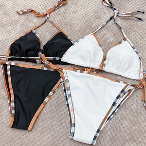 Costume da Bagno di Lusso Firmato, Bikini Classico a Quadri da <span class=keywords><strong>Spiaggia</strong></span>, Sexy Abbigliamento da Bagno Femminile, Bikini alla Moda con Cinture in Pelle di Design - Product Image 1