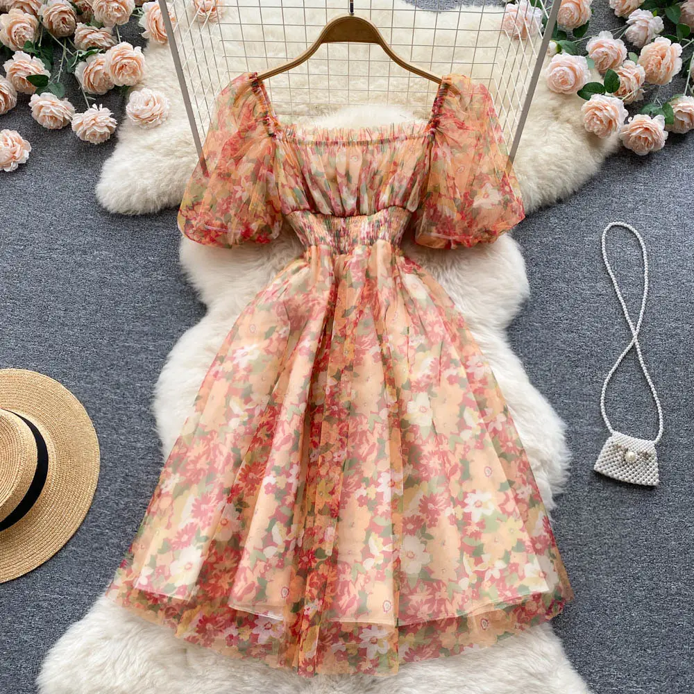 Volle Ärmel Blumen A-Linie Kleid Sommer Blumen druck Chiffon Kleid Damen Süße Kleider Kleidung Frauen Großhandel