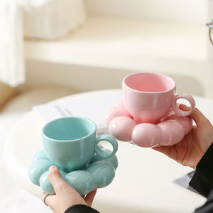 شحن سريع لأكواب قهوة من السيراميك، طقم كوب وصحن شاي بعد الظهر بتصميم نورديك بلون الماكرون الوردي على شكل زهرة دوار الشمس مع قاعدة أكواب بتصميم زهرة دوار الشمس - Product Image 5