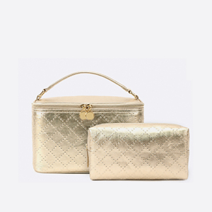 Two-Piece Quilted <b>Makeup</b> Bag <b>Case</b> Set with Gold-Tone Zippers for Women Travel Cosmetic and Beauty Storage Organized Storage - Product Image 1
