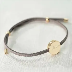 Women soft Suede leather cord bracelet custom engraving disc charm gold plating stainless steel disc pendant charms bracelet