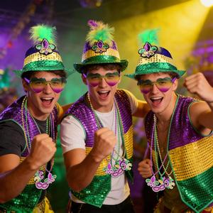 SOLPOP Ensemble de 6 pièces pour déguisement de carnaval Mardi Gras pour hommes, violet, doré, vert, avec chapeau à plumes, gilet, lunettes de soleil, perles, paillettes et colliers pour défilé - Product Image 6