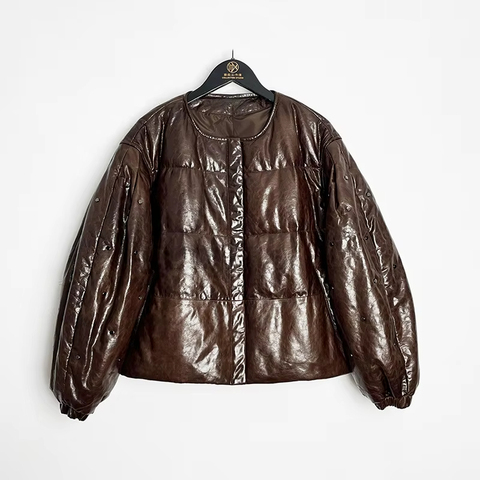 908 Winter Fashion Clothes Custom O-neck Down Jacket Oil Waxed Sheepskin Duck Down Coat for Women Ladies