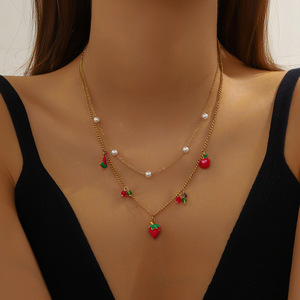 Fruit Pendant Necklace Zinc Alloy Multi-layer Apple Strawberry Cherry Design Party Jewelry - Product Image 2