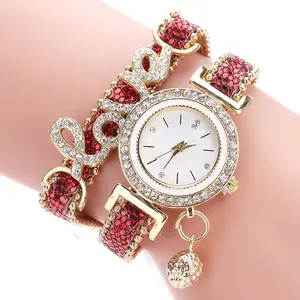 Dames Rond Riem Pu Band Sleutel Hanger Horloge Metalen Casual Liefde Set Diamanten Britse Horloge