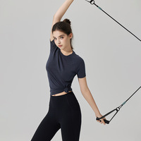 Kaus lengan pendek olahraga wanita, kaus atasan kebugaran Merino wol untuk lari Yoga Pilates wanita