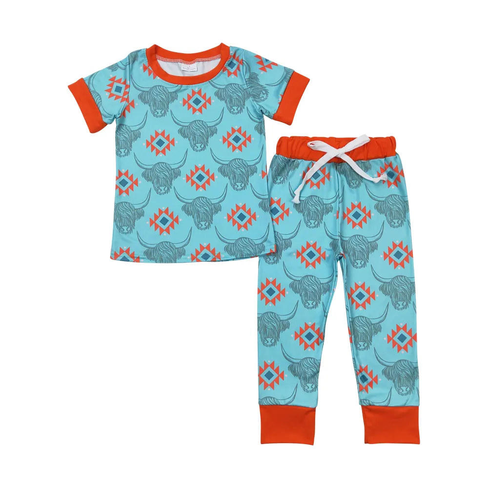 BSPO0328 Alpine bull head geometry blue brown short sleeve trousers pajamas set children lightweight clothing sets