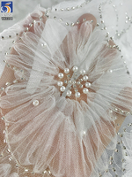 Tissu en dentelle brodée de fleurs en maille YX2284, blanc, en polyester, avec perles et paillettes