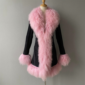 Manteau Long d'Usine en Gros en Véritable Peau de Mouton, Chaud et Épais, Col en Fourrure d'Agneau Naturelle, Manteaux de Luxe en Cuir Suédé pour Femme Hiver - Product Image 2