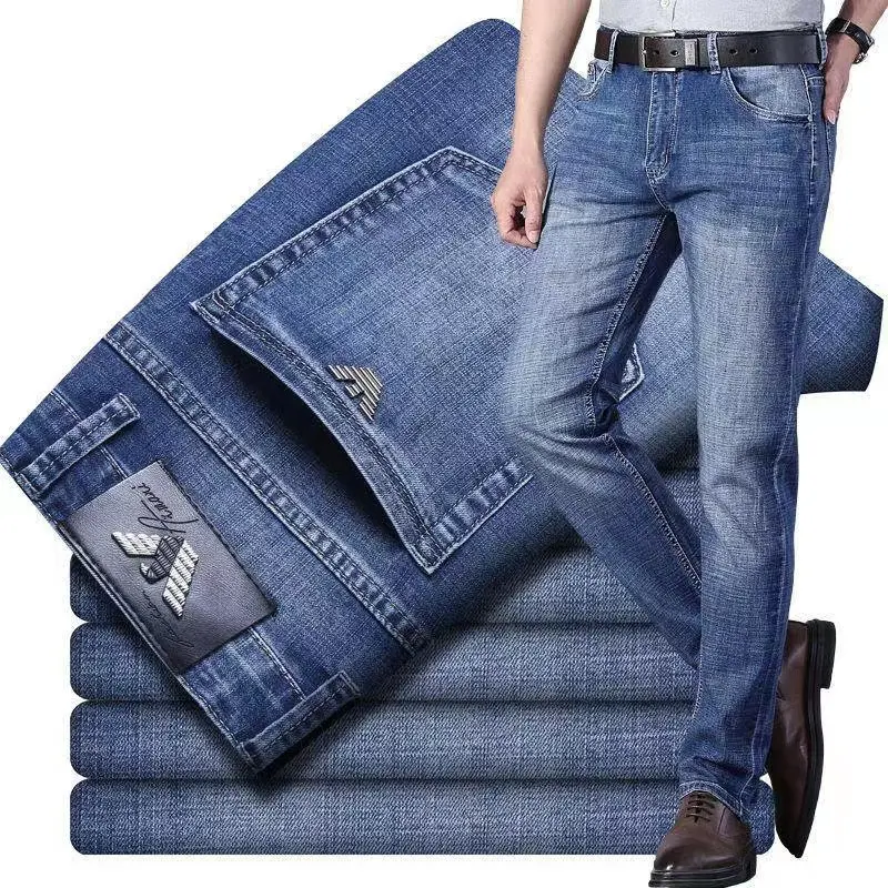 Jeans for men in autumn and winter, new mid rise small straight tube trend, elastic casual autumn pants for men