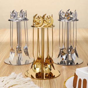 Set Peralatan Makan Pernikahan Dekoratif dari Baja Anti Karat, Set Sendok dan Garpu Desain Bulan Bintang dengan Rak Penyimpanan - Product Image 1