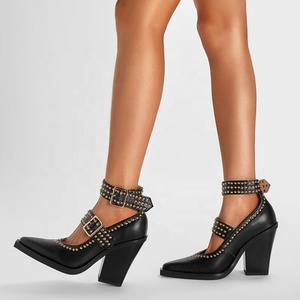 Sandalias de tacón alto grueso con punta y tiras de hebilla para mujer, estilo oficina, con adornos metálicos, ideales para verano. - Product Image 5