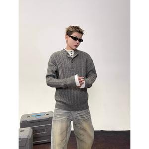 Suéter de Punto con Cuello Henley de Dos Piezas para Hombre, Suéter Holgado con Cuello Medio Alto Acanalado para Otoño e Invierno, Camiseta Interior - Product Image 2