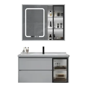 Meuble-lavabo mural moderne gris/blanc avec vasque simple, miroir LED tactile étanche et éclairé, nouveau design, pour salles de bain simples - Product Image 6