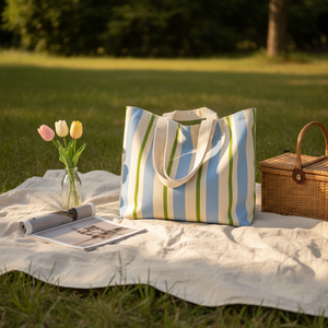 Bolsa <span class=keywords><strong>de</strong></span> Lona a Rayas Personalizable <span class=keywords><strong>de</strong></span> Gran Capacidad con Asas Beige para el Uso Diario - Product Image 2