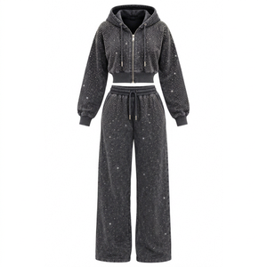 Women Lined Solid <b>Rhinestone</b> Wide Leg Hooded Tracksuit Set <b>Cropped</b> Zip up Hoodie and Matching Sweatpants Casual Winter Outfit - Product Image 1