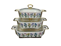 Plats de service rectangulaires en céramique blanche, ensemble de casseroles avec motif de citrouille coloré et support en métal doré