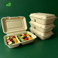 Boîte à lunch en papier naturel à 2 compartiments VVG, conteneur à charnière compostable jetable en stock pour repas bento