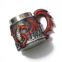 Chope à Bière Dragon 450ml Acier Inoxydable et Résine Corps en Relief Dragon Rouge 3D avec Anse Aile Dragon Rétro Cadeau