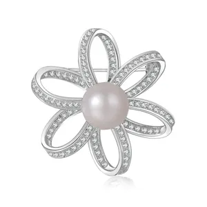 新款2021时尚定制豪华水晶花锆石珍珠经典美丽925纯银胸针针针女士