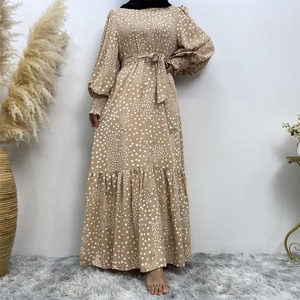 6541 #   Vestido Kaftan Musulmán Islámico Informal con Cuello Redondo, Estampado de Puntos Blancos, Puños Elásticos Plisados y Cinturón - Product Image 6