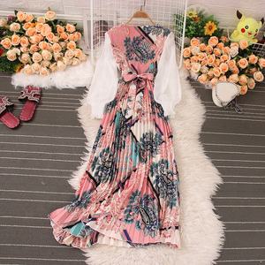 Robes décontractées Robes imprimées plissées élégantes à manches longues pour filles Robe de plage amincissante pour femmes - Product Image 2