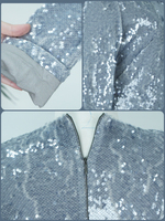 Robe Mini Moulante Femme Été Bleu Argenté Pailleté Taille Haute Manches Longues Épaulettes Soirée Formelle Fermeture Éclair au Dos