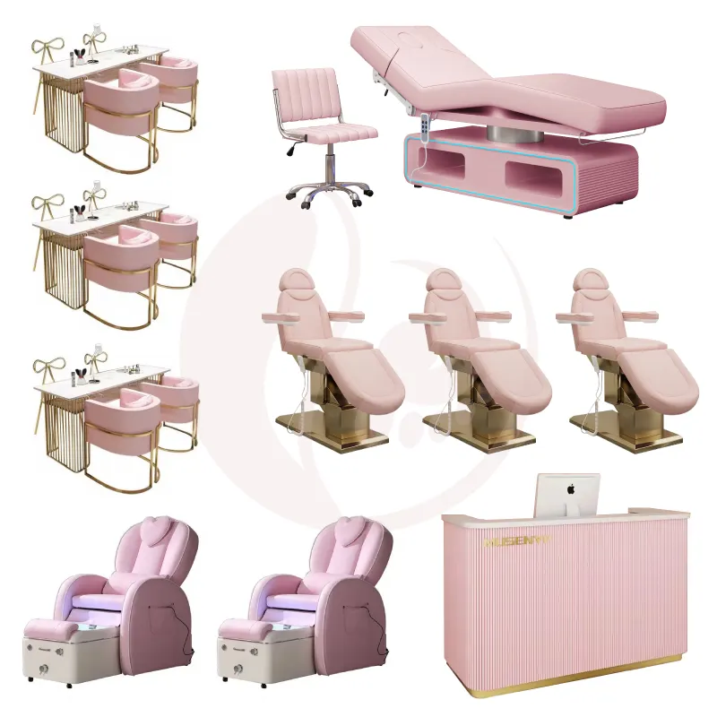 Beauty salon equipment pink facial massage chair spa bed beauty cosmetic table multi function nail salon furniture set