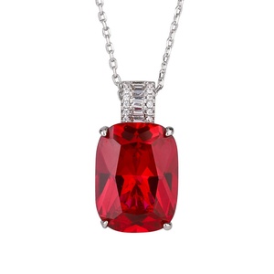 Collier simple en cuivre écologique avec pendentif rectangulaire en zircone cubique rouge 15*20mm, pierre précieuse colorée pour femmes - Product Image 1