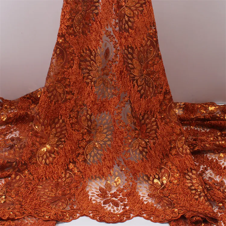Tessuto di pizzo Tulle ricamato a maglia con paillettes da sposa africano arancione bruciato francese di lusso