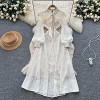Robe élégante pour femmes en dentelle à manches longues, coupe trapèze, col à nœud, robe de soirée décontractée mi-longue pour tous les jours, robes pour femmes, robe élégante pour femme