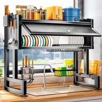 Grand Support de Rangement en Acier au Carbone pour Accessoires de Cuisine, Égouttoir à Vaisselle et Bols pour Évier, pour Couverts avec Couvercle Basculant