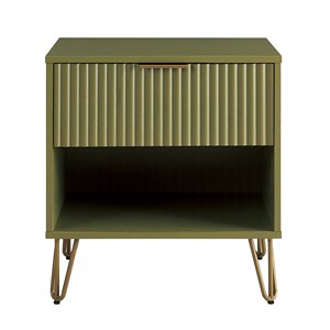 Olive Green Nightstand with Ribbed <b>Drawer</b> and Open Shelf Metal Legs - Product Image 1