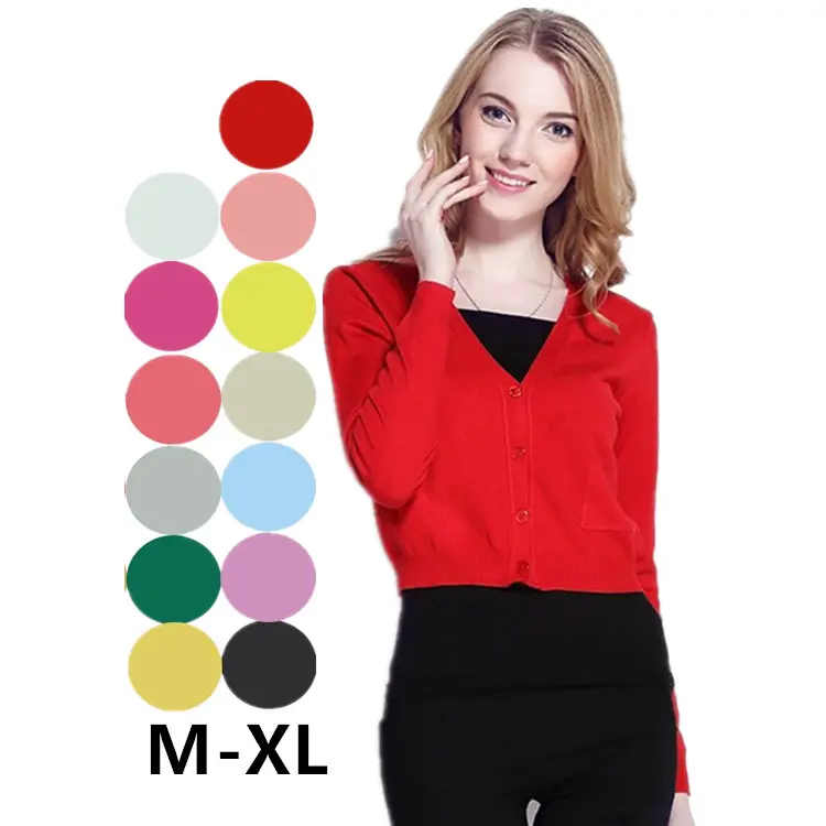 Uzun kollu kırmızı Jersey örgü özel etiket kısa kadın kırmızı hırka kırpma kazak cep