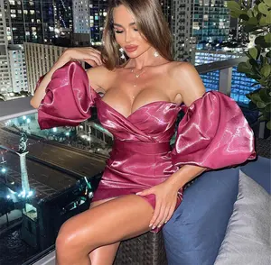 Sexy Party Dresses New Summer Elegant Lantern Sleeve Mini Lady Party Evening Dress Trending Off Shoulder Pink Sexy Club Women Dresses With Zipper