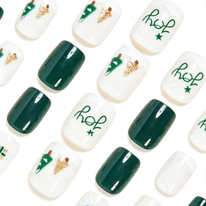 Uñas Postizas Cortas Cuadradas Verde Oliva con Diseño Navideño, Lindas Uñas Postizas con Dibujos Animados de Árbol de Navidad, Brillantes y con Purpurina para Manualidades Navideñas - Product Image 3