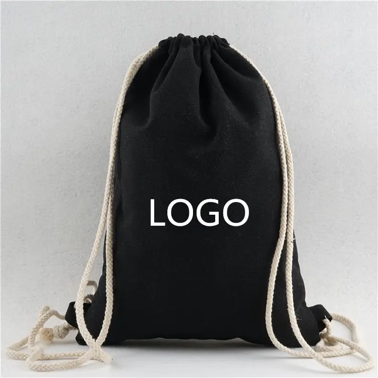 Mochila de lona preta, bolsa de algodão preta de lona com cordão, impressão personalizada