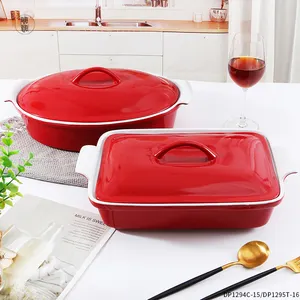 Rechteckiges ovales Backblech-Set Home Kitchen Keramik-Backform Rote Auflauf form mit Deckel