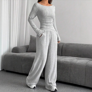 Ensemble de chandail en tricot pour femmes, manches longues, couleur unie, pantalon large côtelé, tenue décontractée en deux pièces, tailles SMLXLXXL, style Europe Amérique - Product Image 4