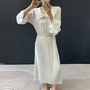 Abito Lungo Elegante Bianco Plissettato Miyake Primavera 2026 Nuovo Stile Francese con Vita Snellente Taglie Forti da Donna - Product Image 3