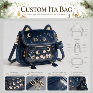 Custom Velvet Cat Ita Bag With <b>Clear</b> PVC Window Cartoon Embroidery Shoulder Custom Logo Color Hardware Accessory <b>Handbag</b> - Product Image 1
